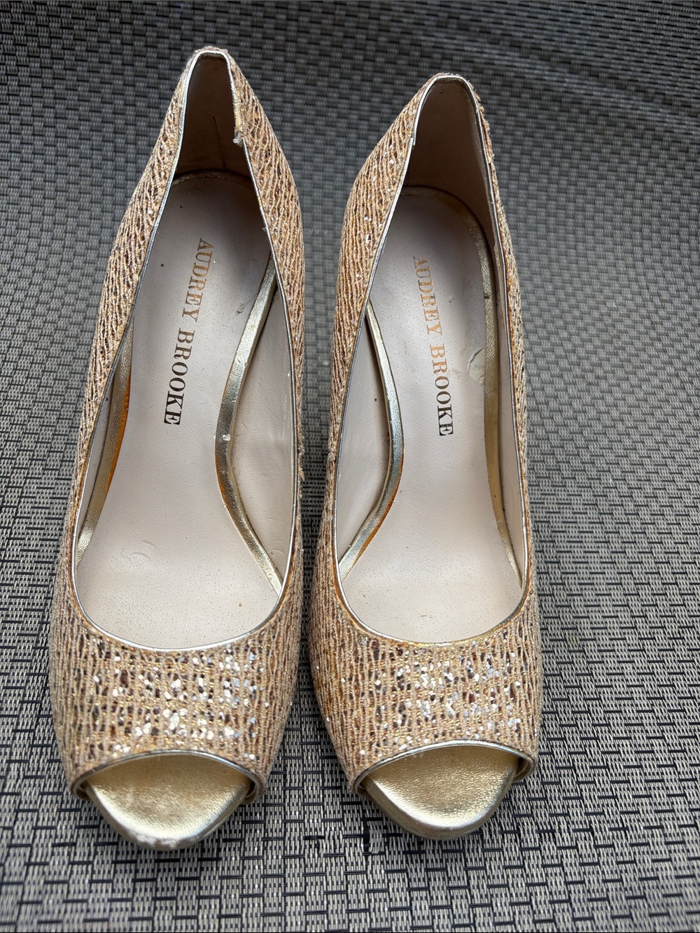 Audrey Brooke Gold Peep-Toe Woven Heels #3